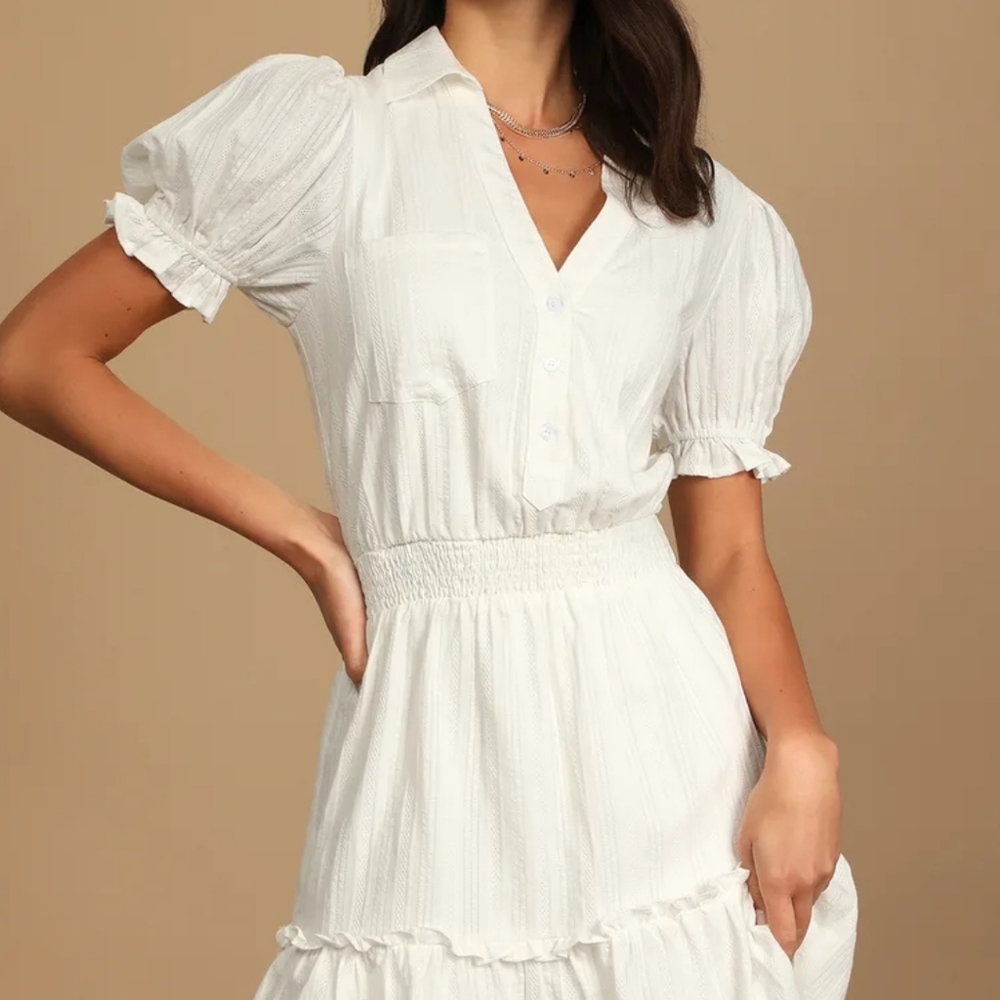 White cotton mini ruffle dress XS